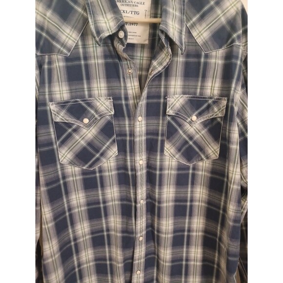 American Eagle Outfitters Shirt XXL Plaid Blue Longsleeve Pearl Snap Vintage Fit - Picture 3 of 9